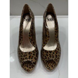 NWOT Sofft Patent Leather Animal Print Wood Heel Peep Toe High Heels Size 10
